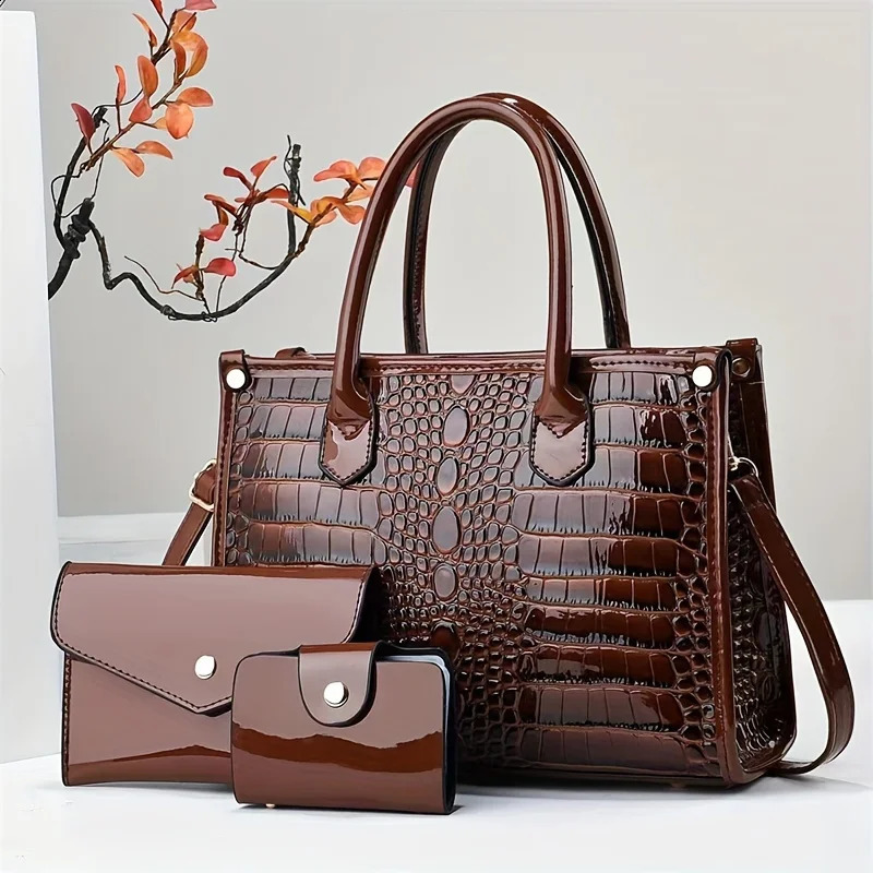 Ship from US 3pcs e Pattern Womens Purse Set Stylish Top Handle Tote Bag Chic Crossbody Handbag Compact Clutch and Credit Ca 250227FBB