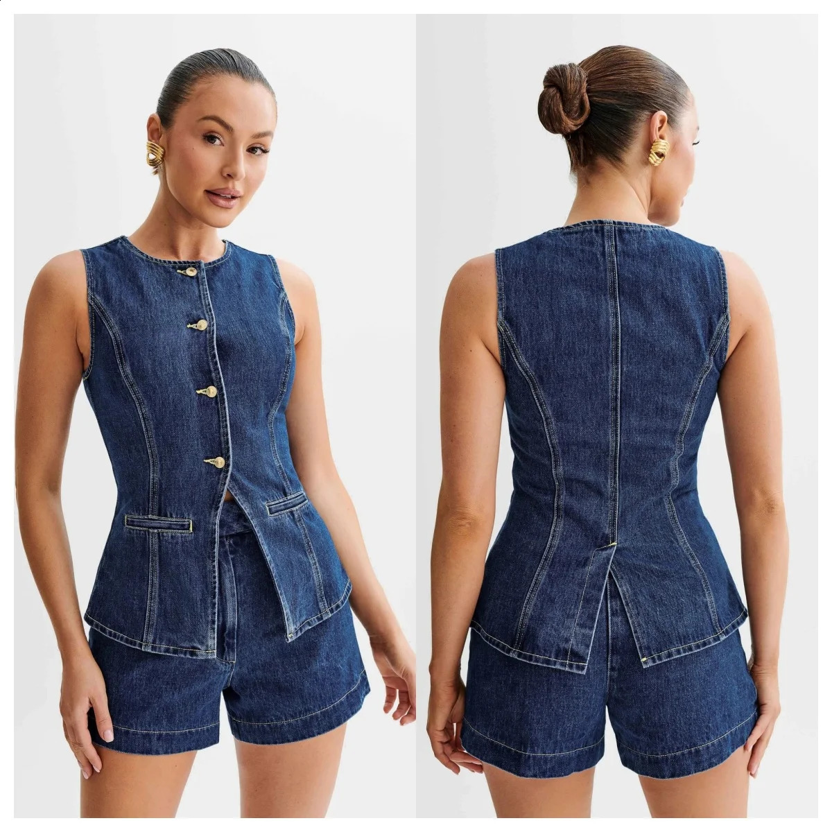 Summer womens casual short outfit round neck sleeveless single chest solid color twopiece set fashionable Y2K clothing 250228