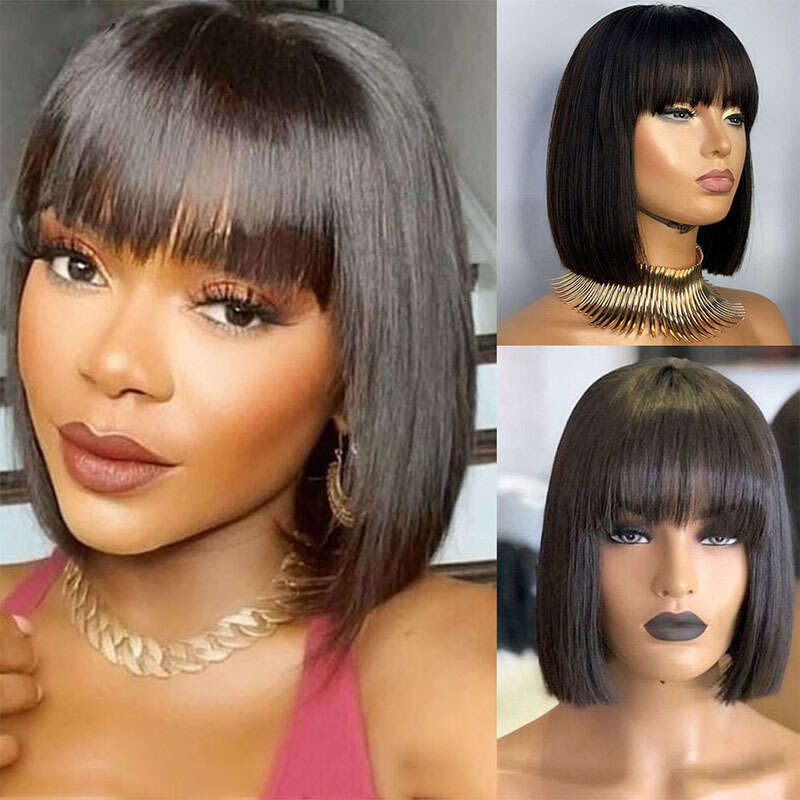 HD Front Lace Wig Natural Color Short Straight Hair Real Wig Women S Headband With Bangs Bob Wigs Human Hair