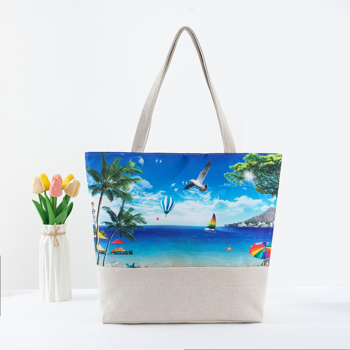 New women's beach large capacity linen digital shoulder bag, single-sided printed handbag #swissmilitary