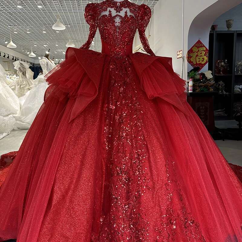 Dresses with Sequins Backless, Wedding Dresses, Full Puff Sleeves, Neck, Red, 2023, XS100
