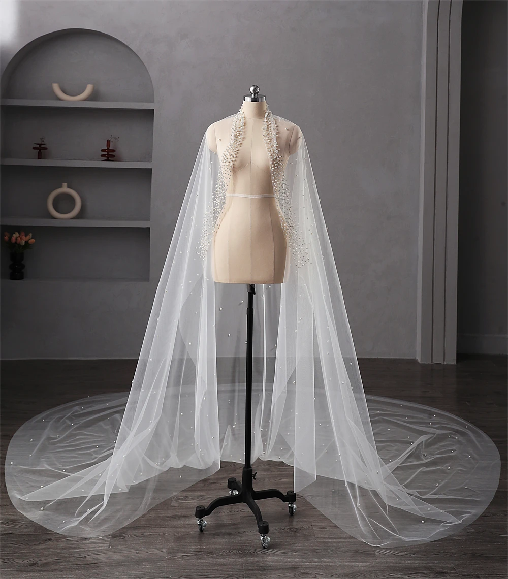 Elegant Bridal Veils Tulle With Comb Bride Wedding 3m*2m Pearls Decoration Long Veil Hair Accessories Custom Made