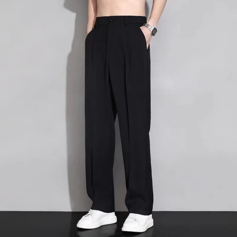 Suit Trousers Casual Men Summer Ice Silk Style Fashionable Loose Straight Wide-leg Trousers 250227