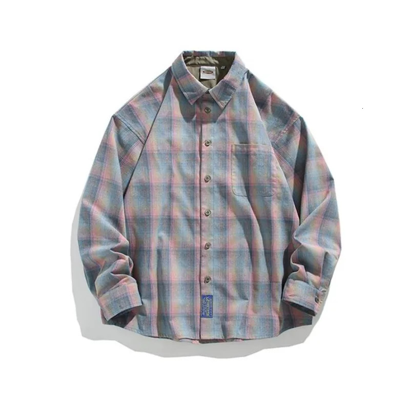 Spring long sleeved mens ultrafine fashion color checkered shirt street clothing Korean loose casual retro 250226