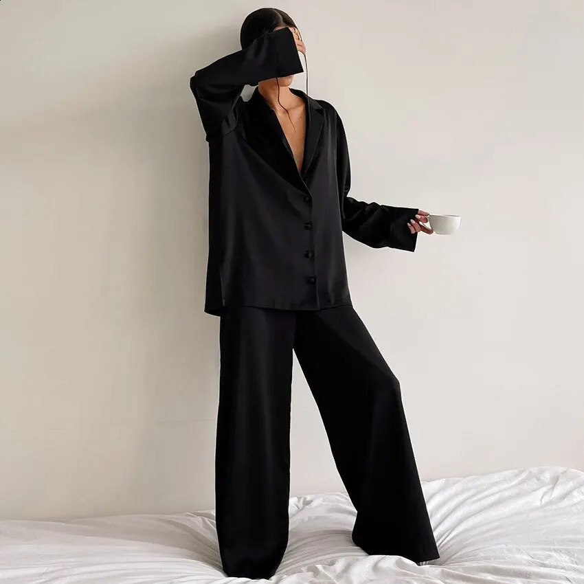 Women Silk Pajamas Lce Silk Loose Low Cut Sexy Single Breasted Long Sleeved Wide Leg Pants Can Be Worn Externally 250226