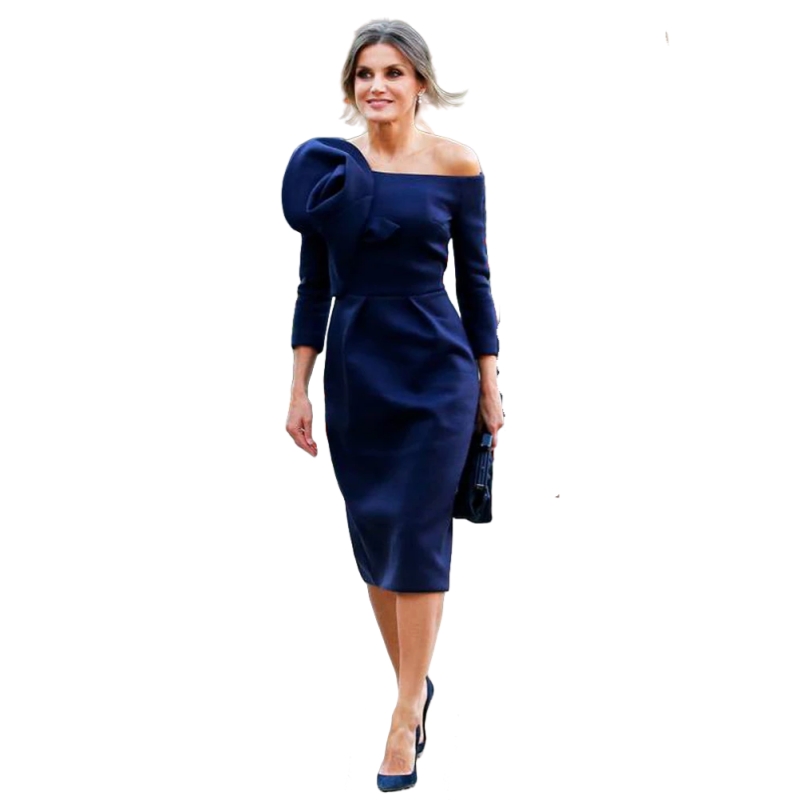 Elegant Tea-Length Sheath Mother Of The Bride Dresses Bateau neck 3/4 Long Sleeves Off Shoulder Simple Satin Wedding Guest Dress Women Formal Gowns
