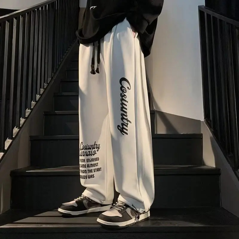 Summer Trendy Printed High Street Pussy Straight-leg Trousers Spring and Autumn Loose Drooping Mens Casual Pants 250227