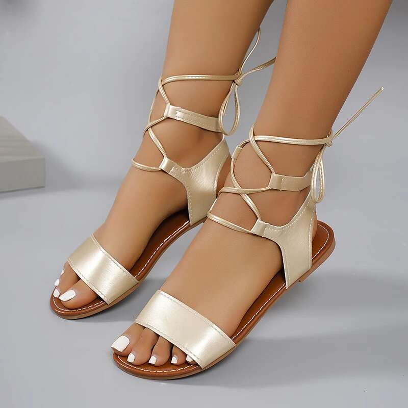 Ankle Lace Up Soft Bottom Women Sandals Summer Fashion Gold Falt Low Platform Sandles Non-slip Large Size 43 Sandalias