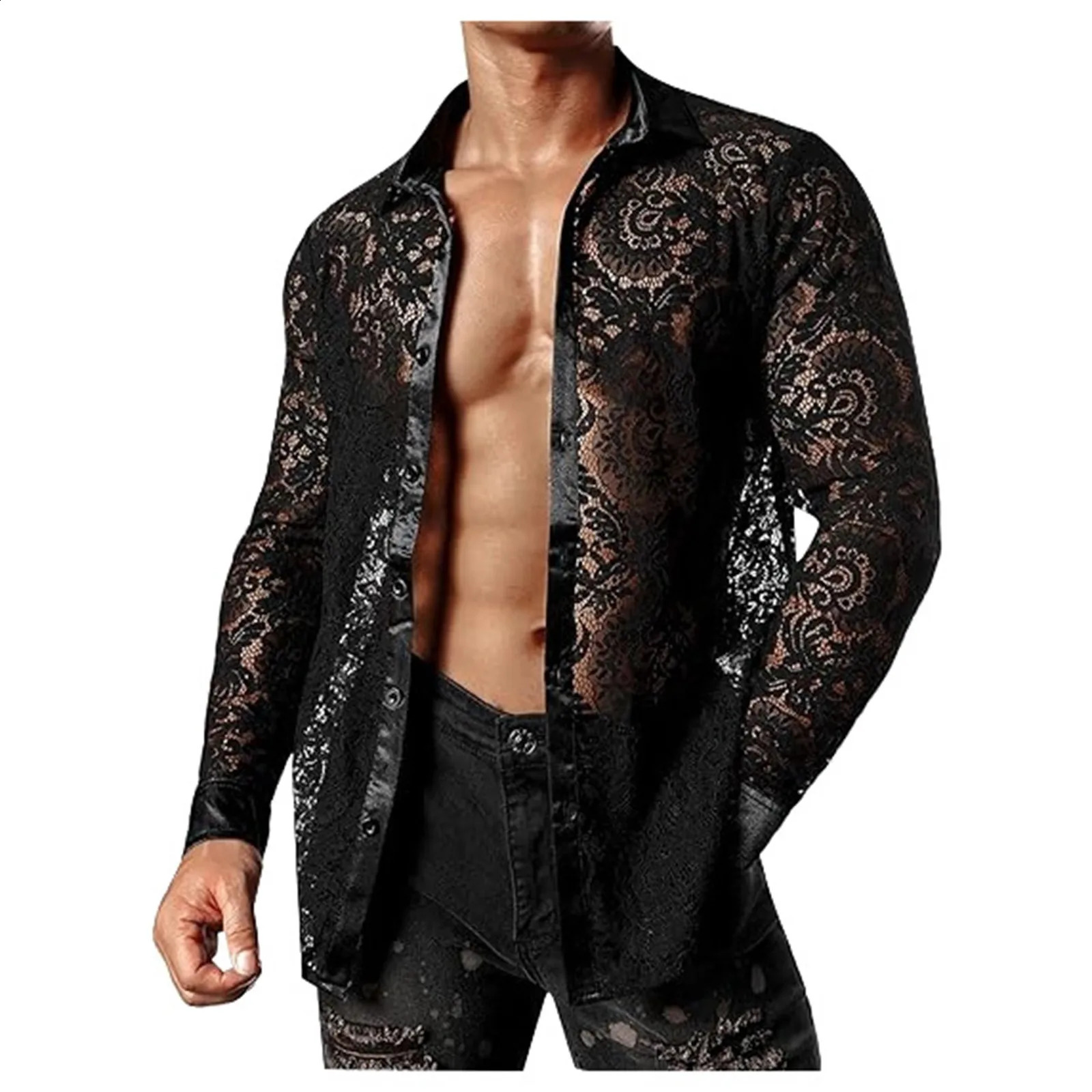 Mens Foreign Trade Lace Shirt Transparent Sexy Long Sleeve Shirt Fashionable Shirt Mens Short-Sleeved Shirt 250222