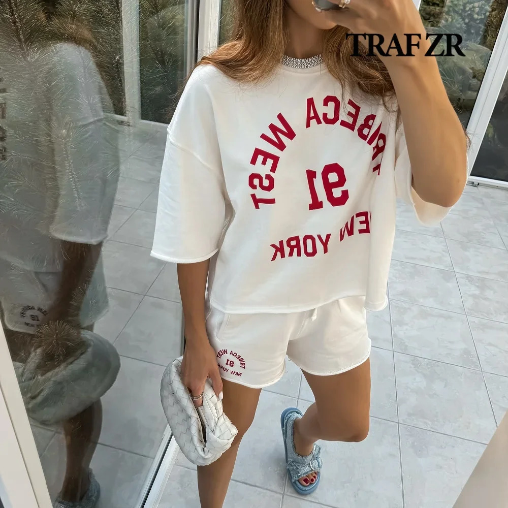 Traf ZR High Street Womens Plush Short Sleeve Set 2piece ONECK TopMid Rise Elastic Belt Shorts 250228