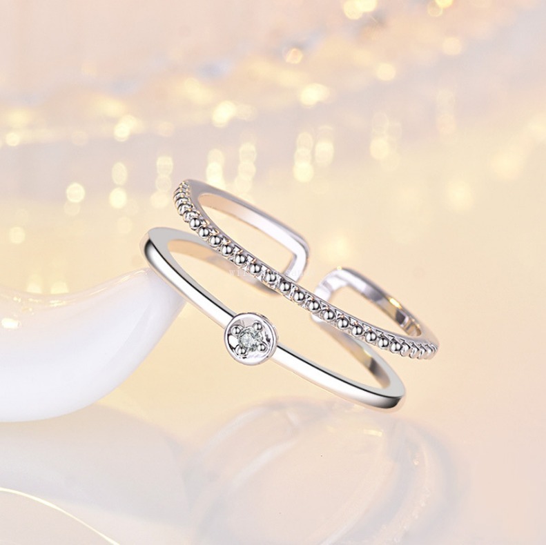 18K Rose Gold Double Layer Ring Band Finger Chunky Open Adjustable Diamond Rings Engagement Wed Fashion Jewelry Gift Will and Sandy Silver Rose Golden