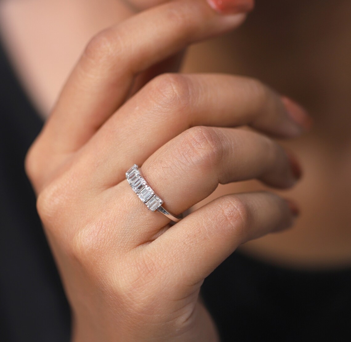 14k white real gold womens wedding ring 3.9*2.8mm emerald cut DE color VVS1 lab grown diamond eternity ring CVD diamond engagement ring for women