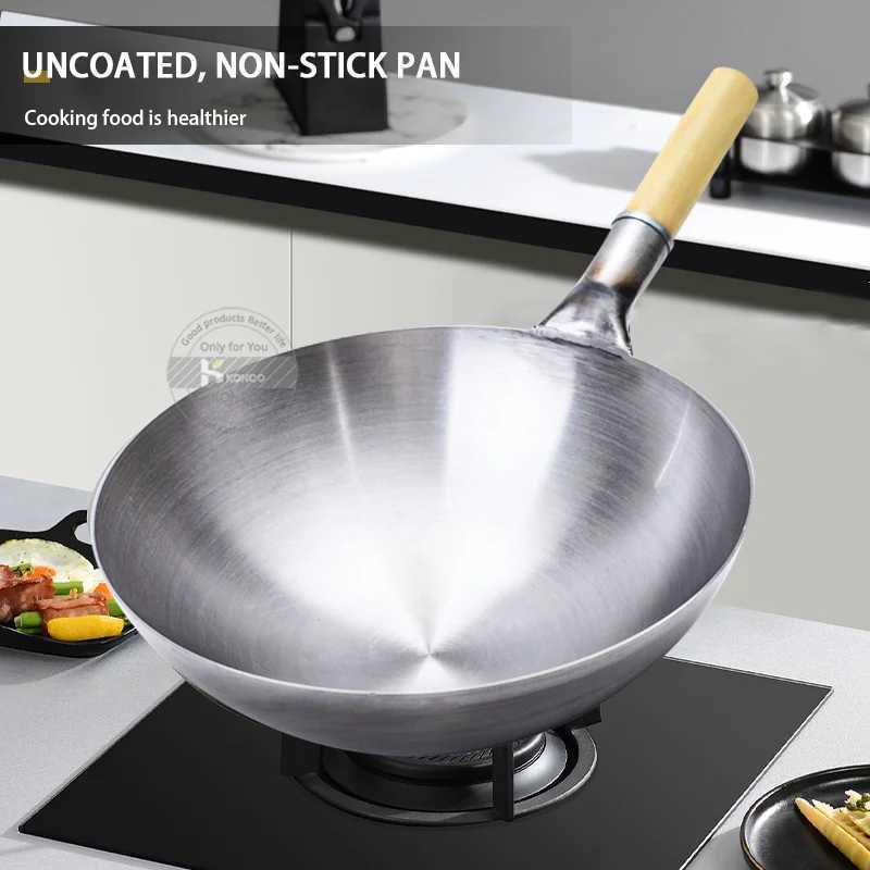 32/34/36cm Iron Wok Chinese Traditional Handmade Large Wok Household Cooking Pot Wooden Handle Wok Kitchen CookwareC250228