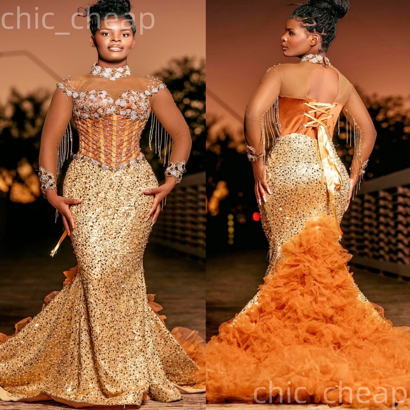 Gold Mermaid Prom Dresses 2025 Lace Beaded Sequined Full Sleeves Evening Formal Party Second Birthday Engagement Gowns Plus Size Dress For Special Occ
