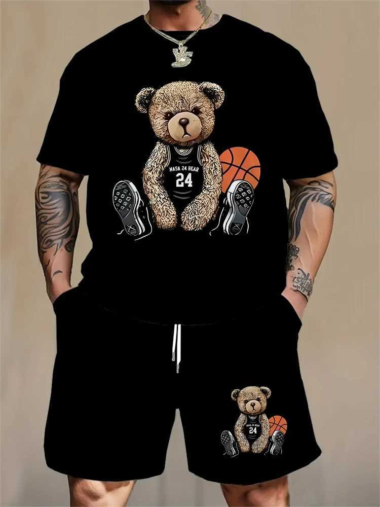 Summer Daily Casual Mens Short Sleeve Outdoor Sports Mens Beach Pants Fashion Bear Pattern Mens T-shirt and Shorts 2-piece Set X250228