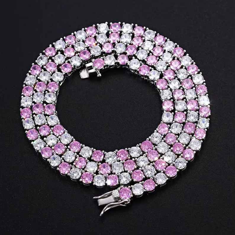 4mm Iced Out Hiphop Pink Moissanite Tennis Necklace 925 Sterling Silver Sparkling Moissanite Tennis Chain