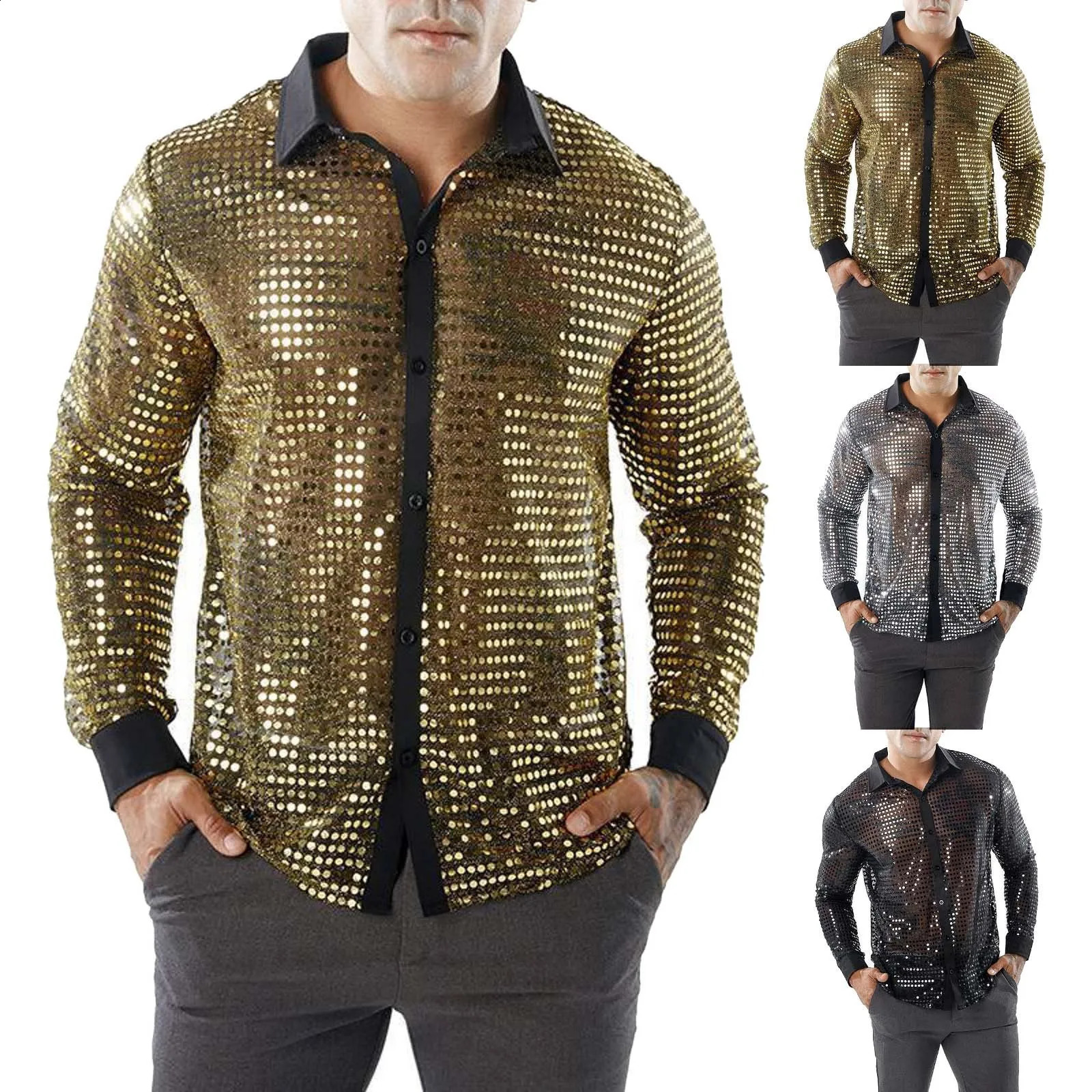 Mens Performance Sequin Shirt Lapel 70s Wear Trend Long Sleeved Haruku Streetwear 250222