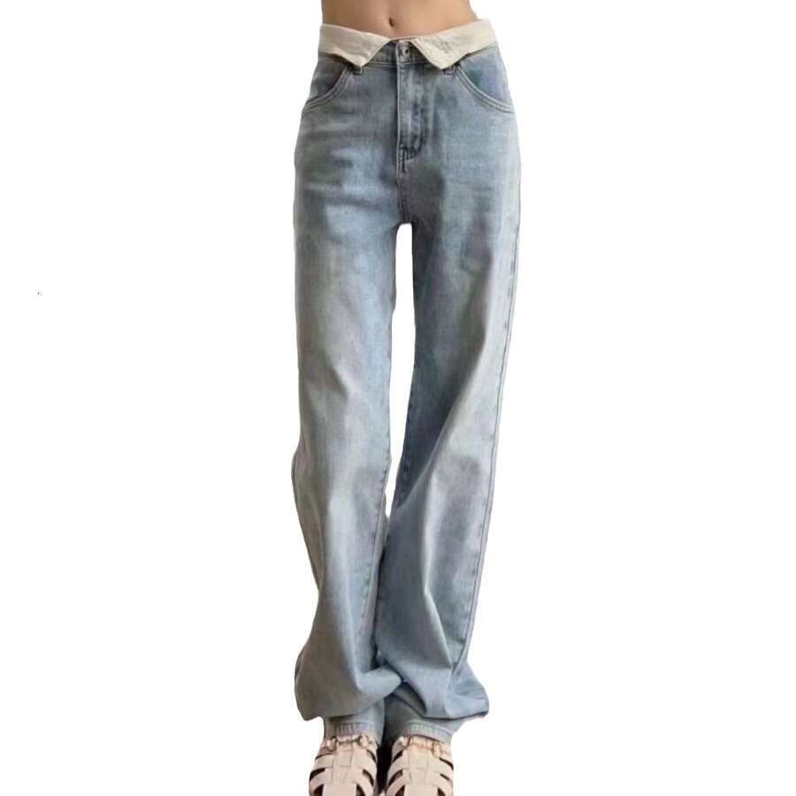 Ruffled Letter Embroidery Veet Straight Leg Or Mopping Jeans For Women In Autumn Winter, Versatile And Loose Fit