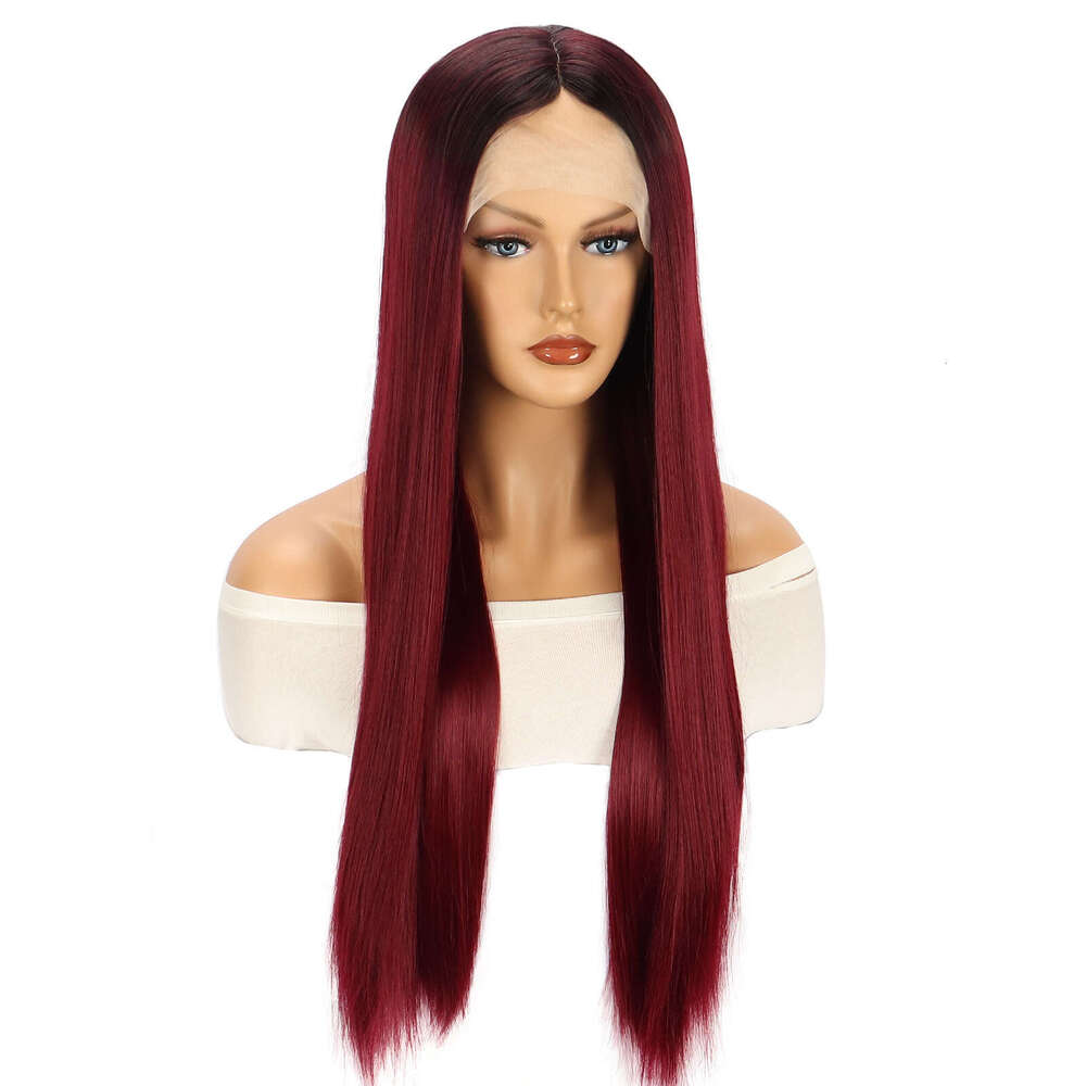 HD Front Lace Wig Front Gradient Wine Red Wig Women S Long Straight Synthetic Full Head Cover Lace Wigs