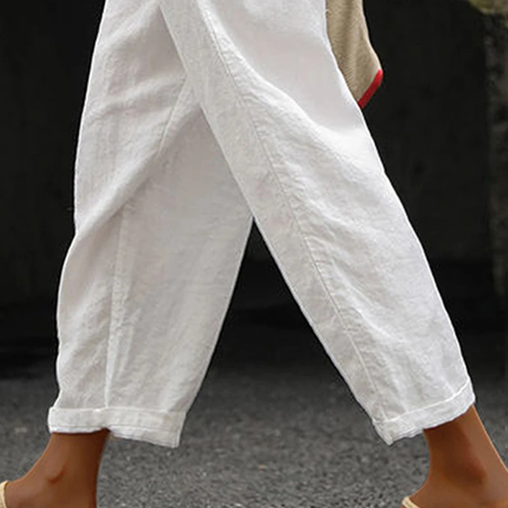 Women Simple Casual Trousers Cotton Linen Solid Color Pockets Drawstring Trousers Summer Thin Ladies Elastic Waist Chino Pants 250226