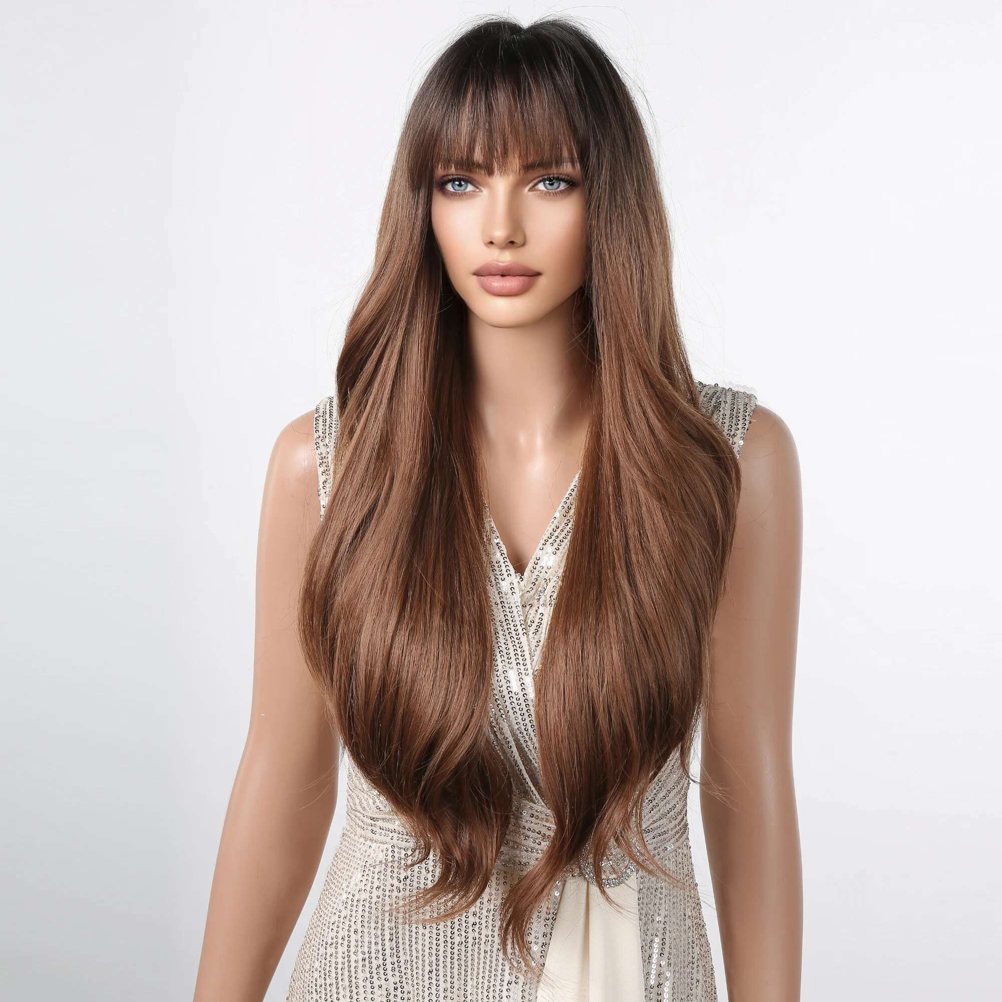 Ombre Honey Brown Synthetic Hair Wigs Long Natural Body Wavy With Bangs Realistic Daily Party Soft Wig Heat Resistant Fiber