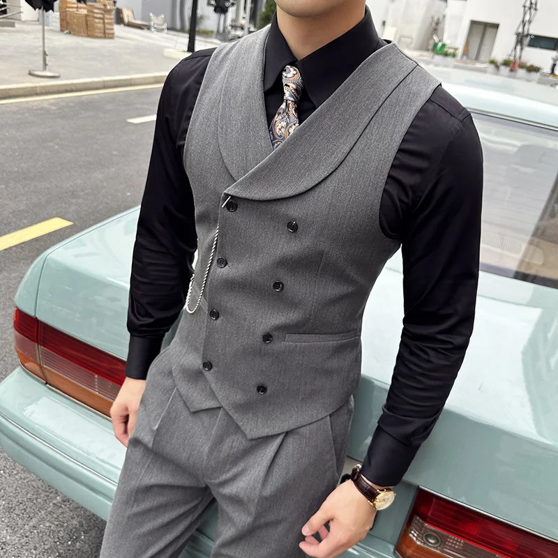 High Quality Autumn Double Breasted Suit Vest Men Business Formal Sleeveless Slim Fit Wedding Groom Banquet Party Waistcoat 250228Z