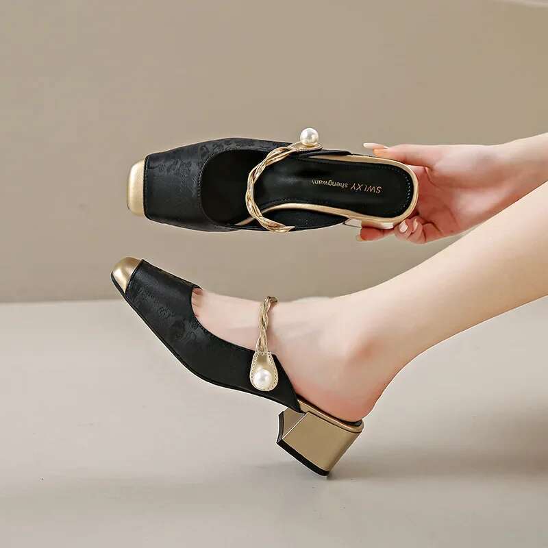 Satin Square Toe High Heels Fashion Designer Sandals Green Sgback Party Dress Shoes Muller Pumps Women
