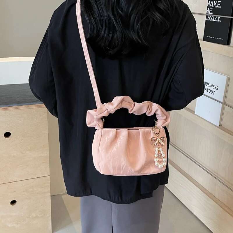 Fashion Chinese Girls Shoulder Handbag Tote Wrinkled Clouds Women's Underarm Bag Pearl Decoration PU Material