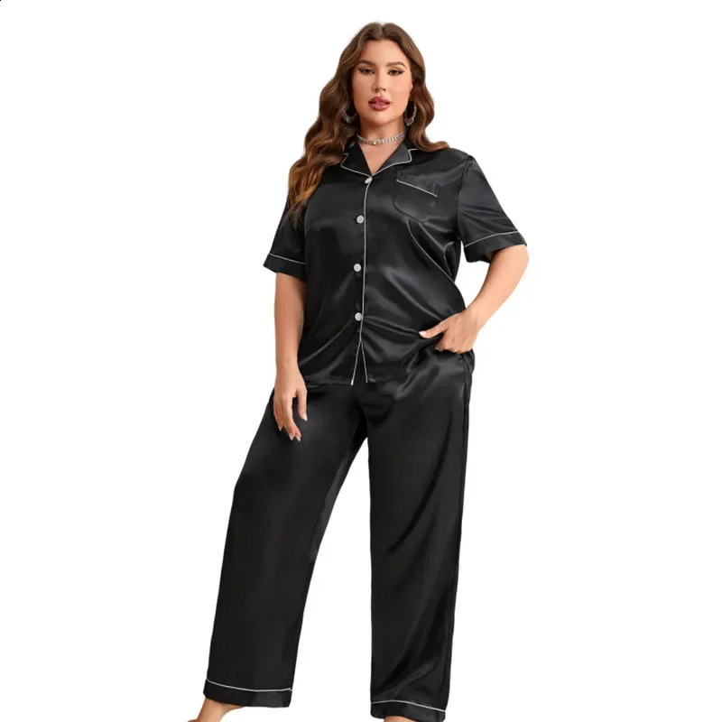 Plus Size Silk Satin Women Pajama Sets Solid Short Sleeves Top Long Pants 2 Pieces Sleepwear Notched Collar Button Nightwear 250226