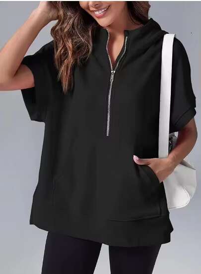 2024 Women's Spring New European And American Solid Color Casual Short Sleeved Hoodie