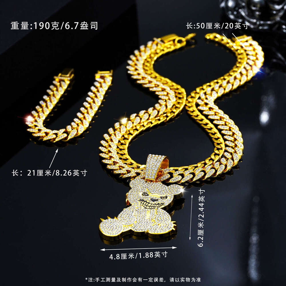 Jewelry Fashion Full Dia Bear Pendant Necklace Men's Hip Hop Cuban Chain Bracelet Three Piece Set