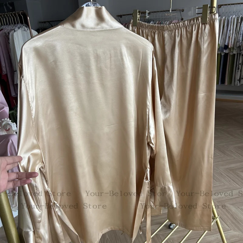 Black Pajamas Suit Women Elegant Kimono pants 2Pcs Satin Sleepwear Casual Home Clothes Long Sleeve Pjs Lady Ice Silk Outfit 250226bj