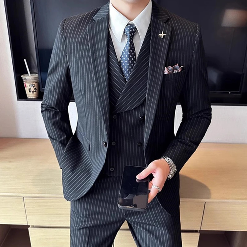 2023 Fashion Men Casual Boutique Business Striped Slim Fit Wedding Dress Suit Coat Set Male 3 Pcs Blazers Jacket Pants Vest 250224