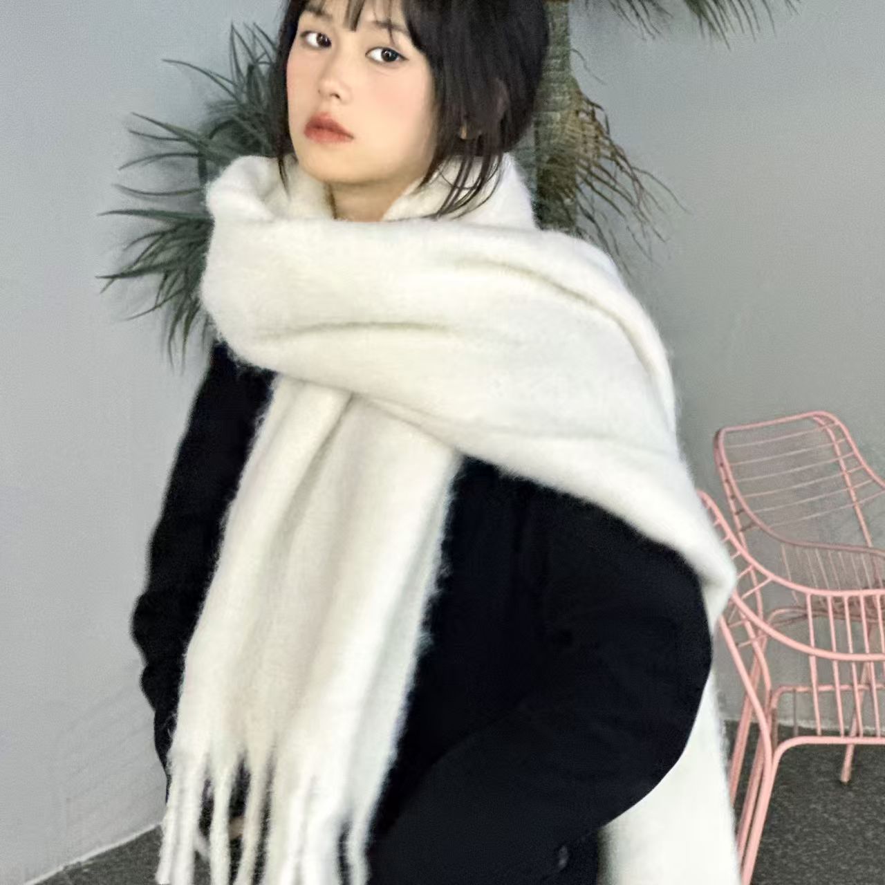 K020 Wool added upgrade ~ dark blue light blue * solid color mohair Korean version all-match solid color scarf autumn and winter neck scarf couple