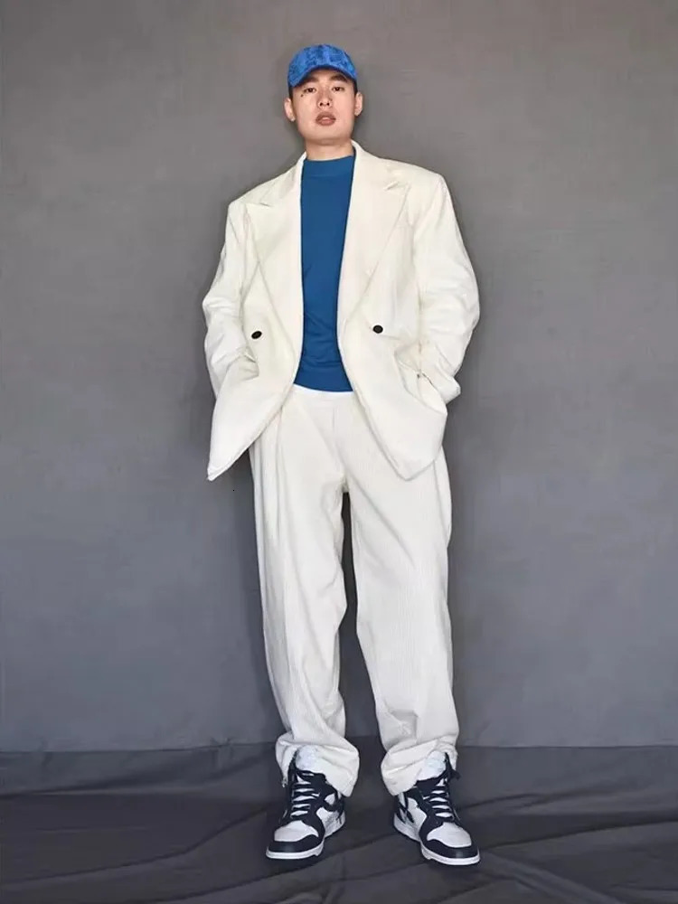 er Autumn Business Men Work Suit Set Loose Fit Velvet Blazer Wide Leg Pants Two Piece Set Groom Wedding Dress Suits 250224