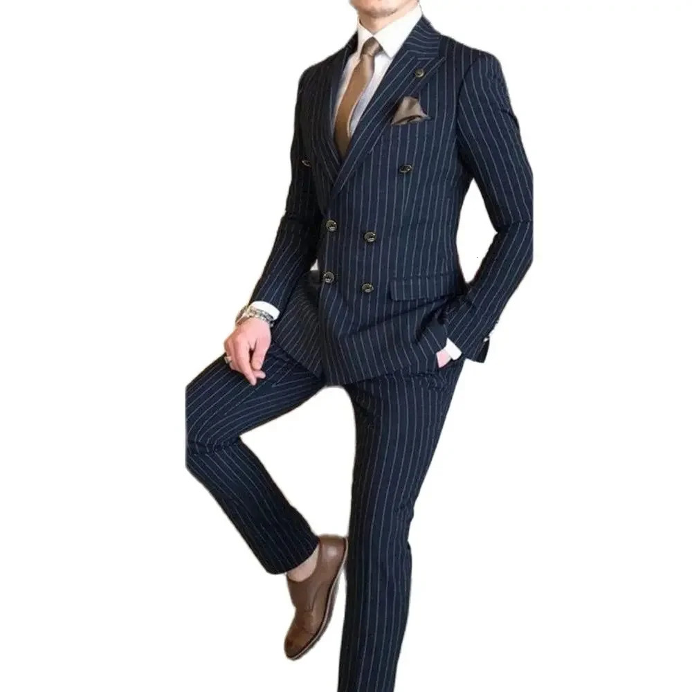 Handsome Navy Blue Suits for Men Lapel Double Breasted 2 Pieces Jacket Pants Costume Homme Terno Prom Party Male Clothing 250224