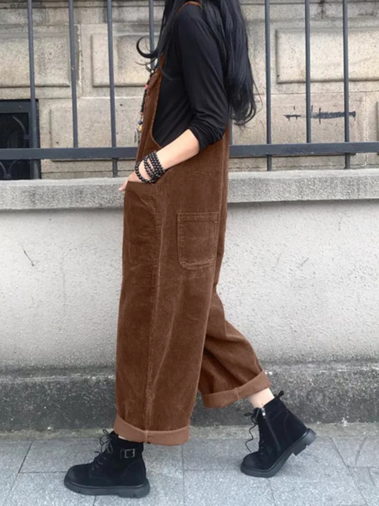 ZANZEA Autumn Rompers Solid Wide Leg Playsuits Women Casual Straps Suspender Overalls Vintage Corduroy Jumpsuits Overview 250225