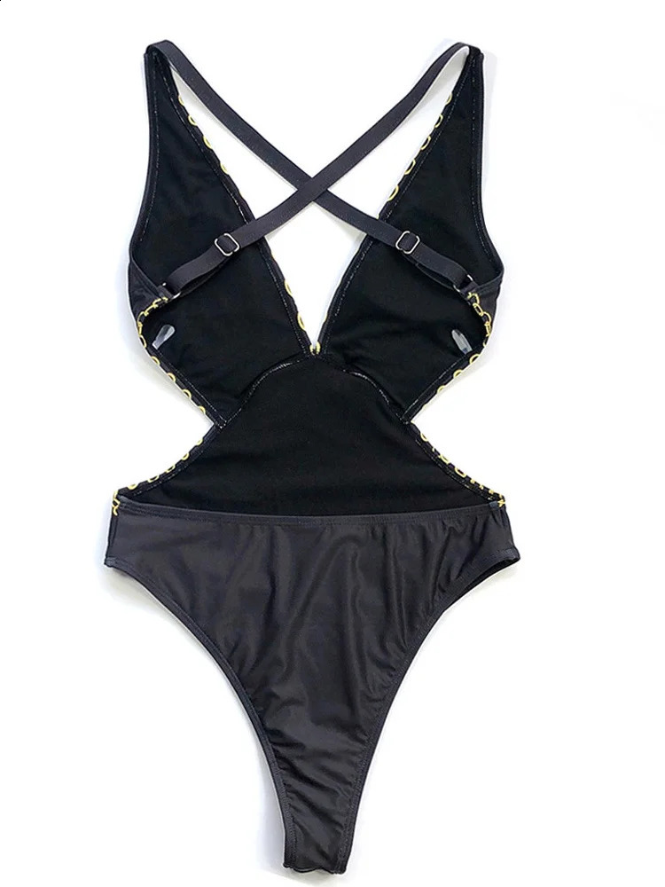 Vigoashely Sexy Black Print Swimwear Women Vintage One Piece Swimsuit Female 2025 Bandage Monokini Deep V Bathing Suit Swim Wear 250227