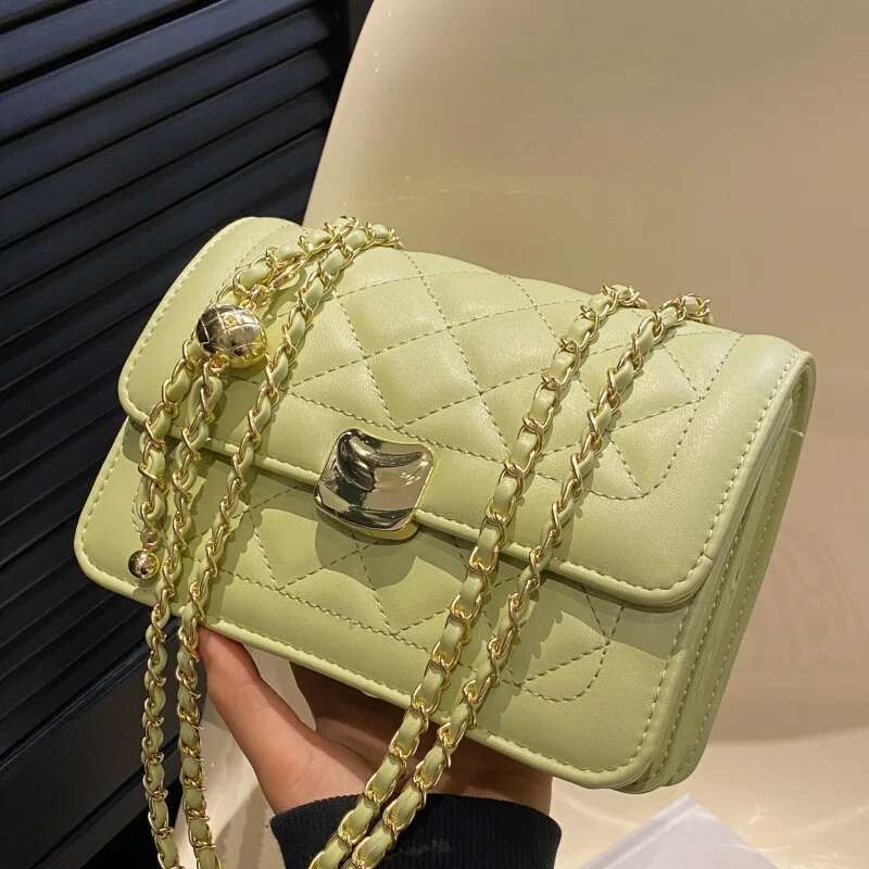 New Solid Color Shoulder Versatile Checkered Girl Crossbody Fashion Chain Women's Bag Metal Decoration PU Material