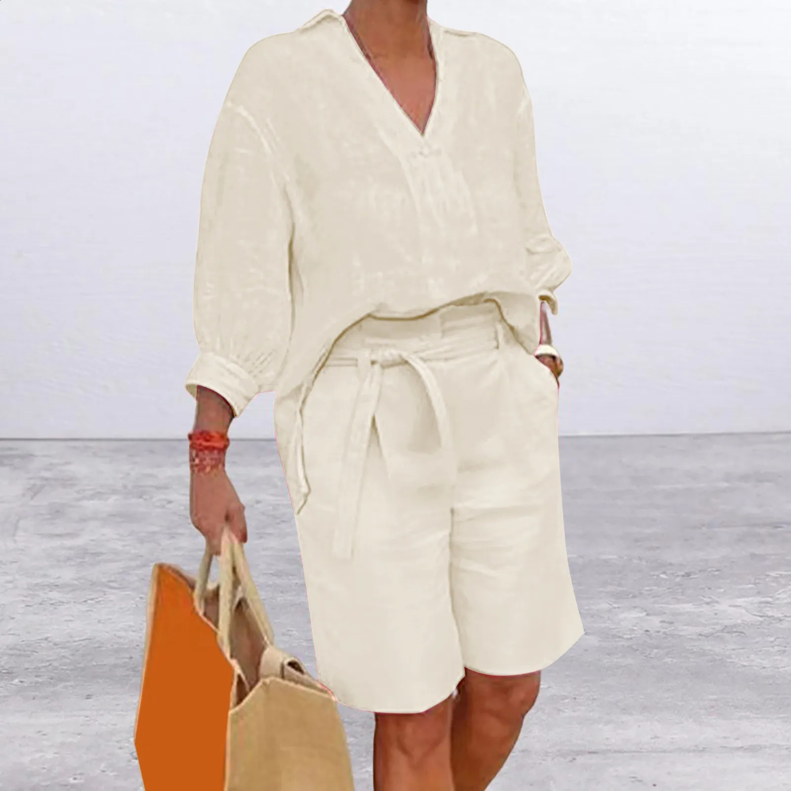 Fashion Half Sleeve VNeck Shirt Casual Loose Two Piece Set For Women Straight Pocket Belt Pants Summer Cotton Linen Suit 250228