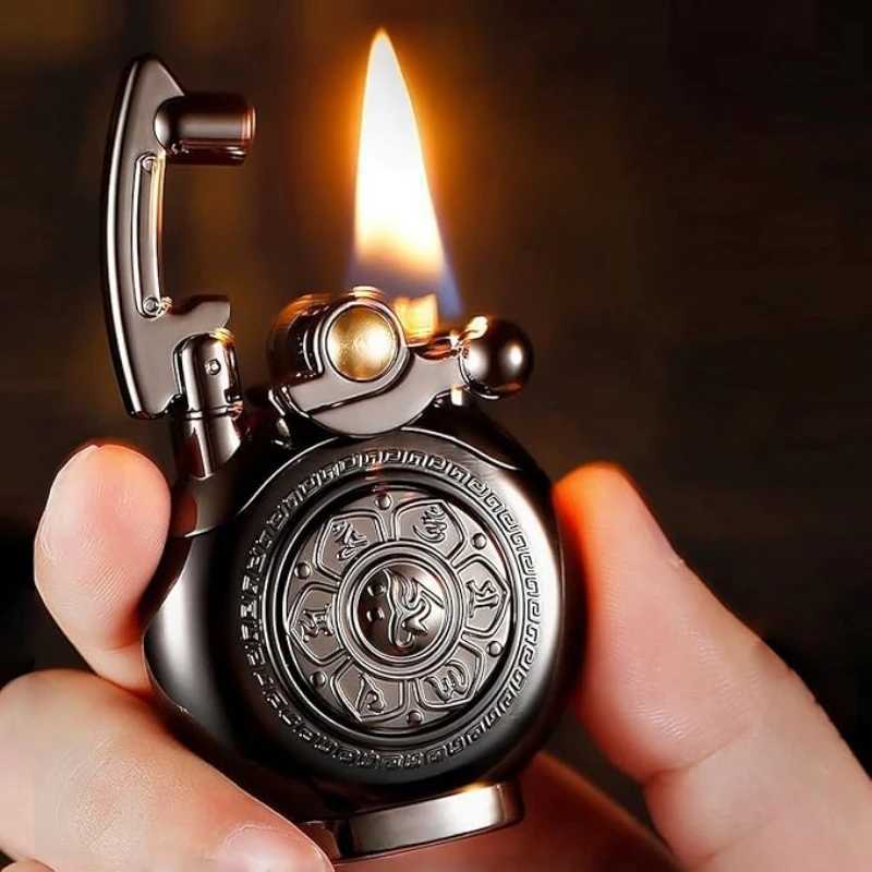 Pure copper armor arm Kerosene lamp rotating gyroscope sculpture design cool lamp smoking accessories mens small tool Y250228
