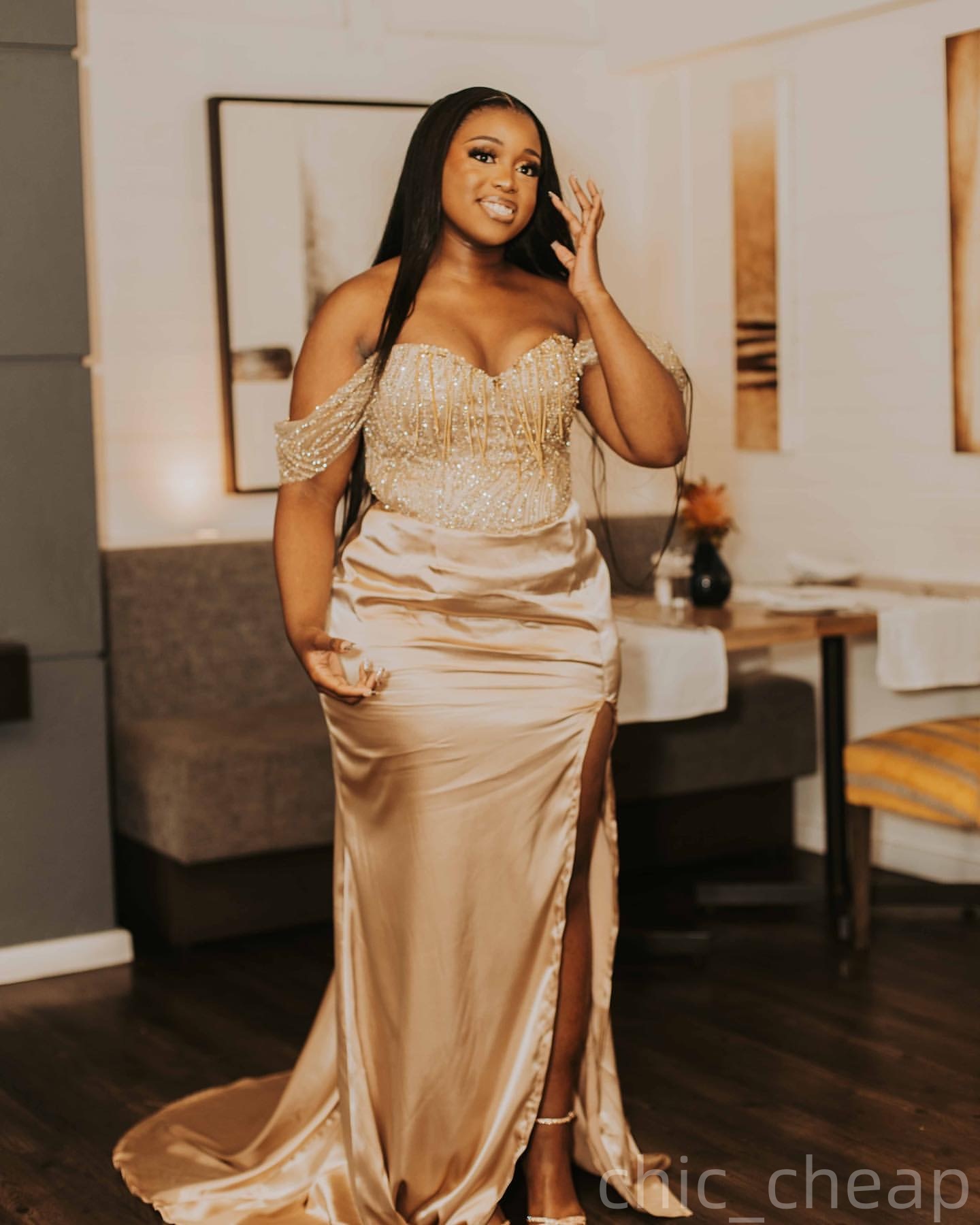 Champagne Mermaid Prom Dresses 2025 Satin Sequined Beading High Split Evening Formal Party Second Birthday Engagement Gowns Plus Size Dress For Specia