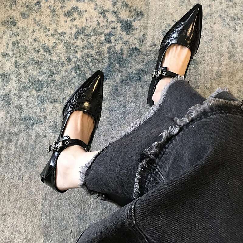 Designer Vintage Pointed Toe Women Mary Jane Fashion Belt Buckle Spring Elegant Low Heel Shoes