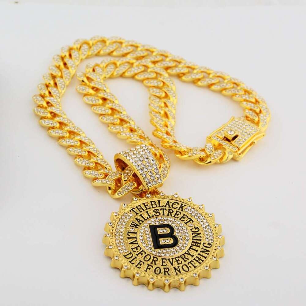 Hip Hop Versatile Full Dia B-shaped Round Label Pendant Personalized Men's and Women's Necklace Cuban Chain