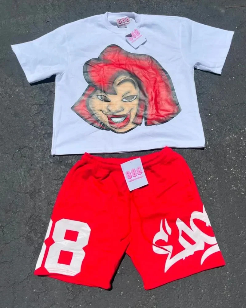 Cartoon pattern T-shirt and shorts two-piece set mens Y2K cotton printed T-shirt casual Harajuku hip-hop short sleeved street clothing 250225