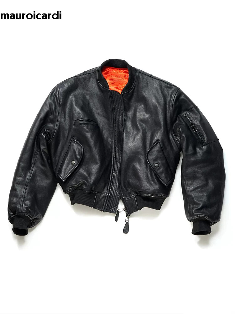 Mauroicardi Autumn Winter Cool Handsome Short Vintage Thickened Warm Black Pu Leather Bomber jacket Men Clothes 250225