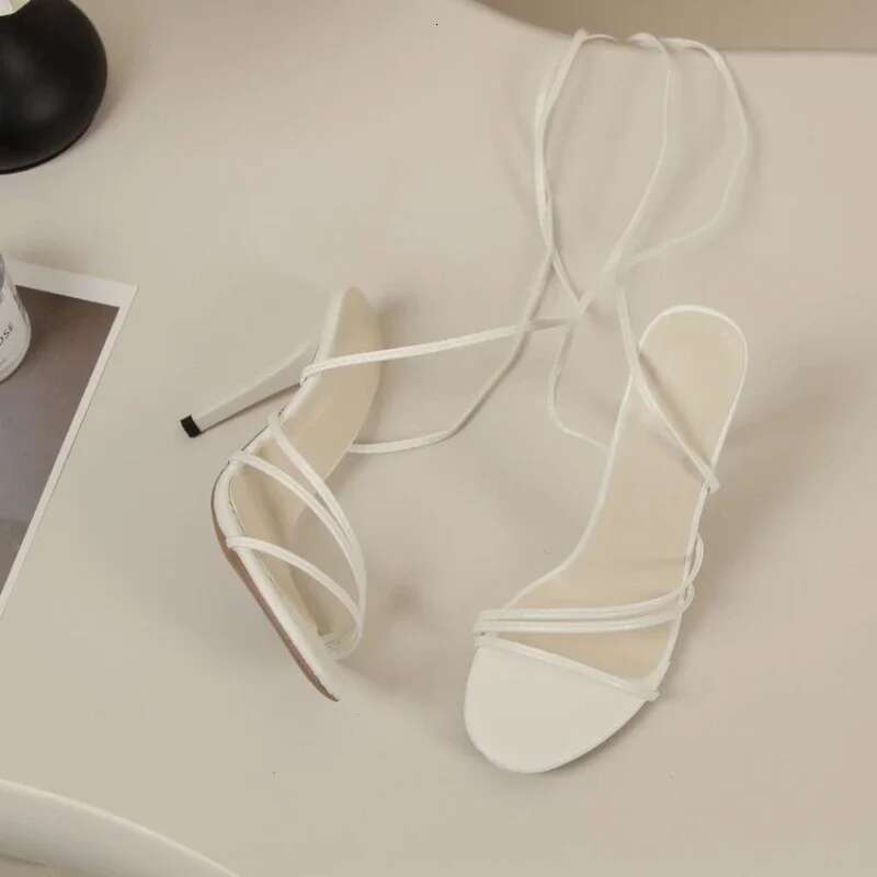 Women's Shoes Summer Cross Sandals Height Increasing Fashion White Plus Size Sexy Round Head Strap Slim Heel High Heels