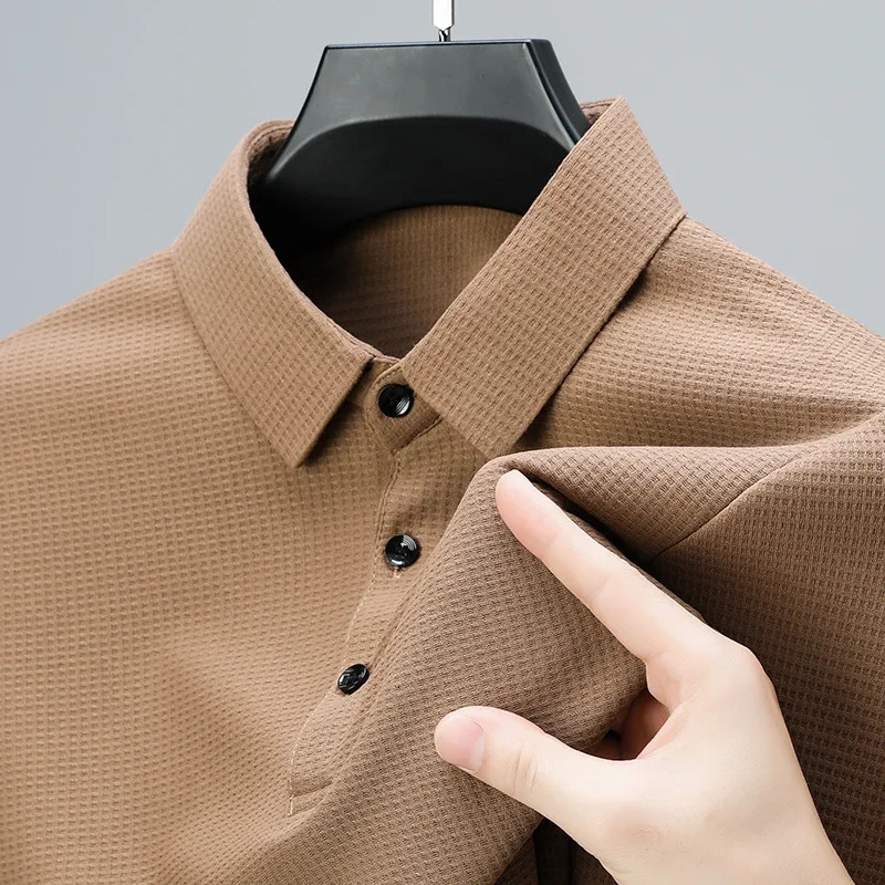 Mens casual waffle short sleeved polo shirt fashionable solid color top 250224