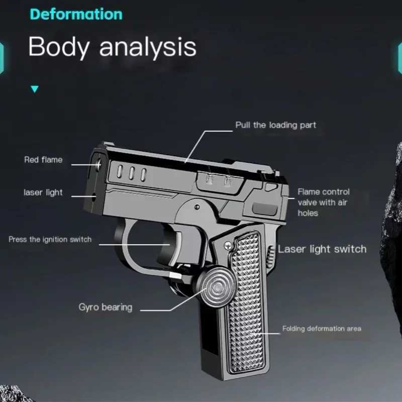 HOT Metal Folding Gun Type Gyroscope Windproof Direct Charge Red Flame Butane Gas Lighter Fun Laser Light Cigar Lighters Smoking Y250228