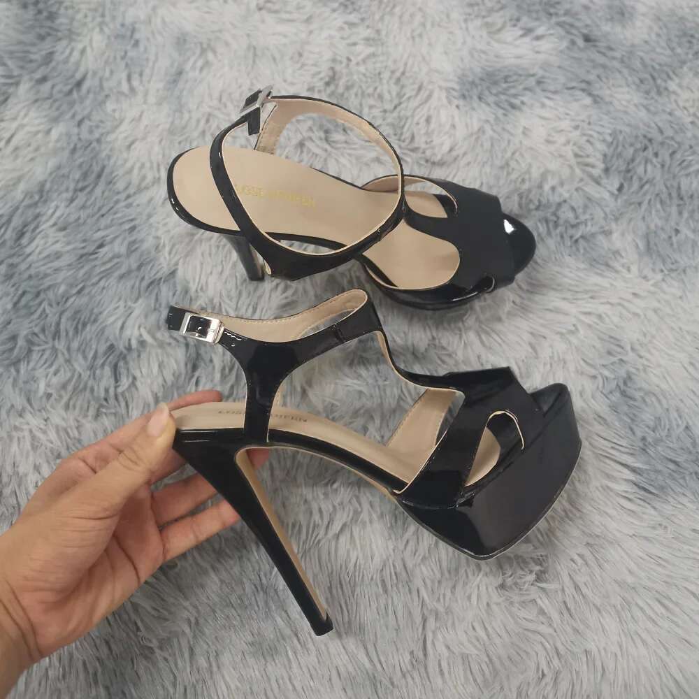 Cross-dresser Unisex Men's Pumps Stilettos 14cm Sexy T-Strap Peep Toe Platform Nightclub Style Shoes Patent Leather High Heels